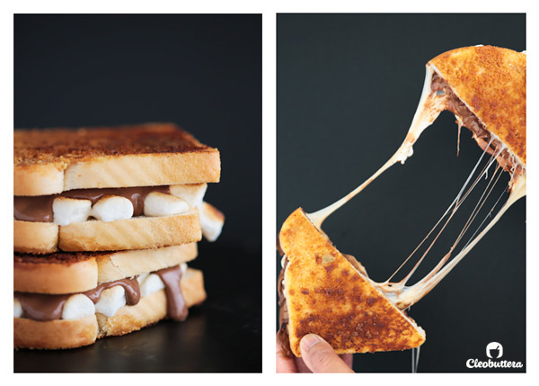Grilled S'mores Sandwich - Graham cracker crusted bread slices sandwiching gooey roasted marshmallows and melted milk chocolate. Insanely delicious!