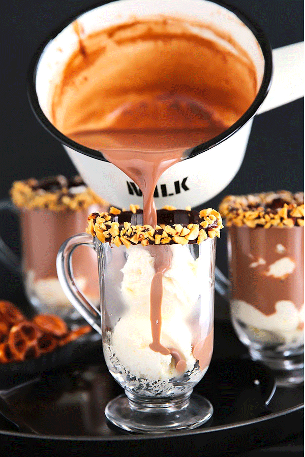 Peanut Butter Hot Chocolate Float...Thick hot chocolate that tastes just like a peanut butter cup poured over vanilla ice cream.