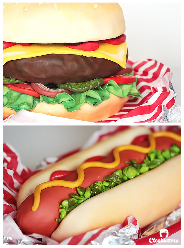 Fast Food Cakes...A complete meal of cheeseburger, hotdog and cola made with a 100% cake and covered in fondant.  (Time-lapse video included).