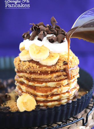 Banoffee Pie Pancakes {Tastes just like the British pie with toffee sauce, pie crust crumbs banana slices, whipped cream and chocolate curls...Amazing!}