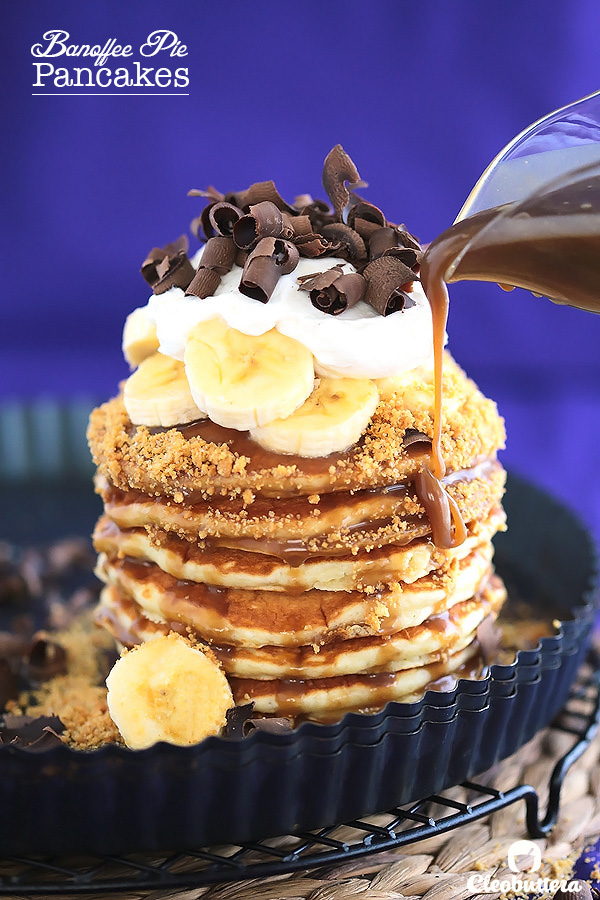 Banoffee Pie Pancakes {Tastes just like the British pie with toffee sauce, pie crust crumbs banana slices, whipped cream and chocolate curls...Amazing!}