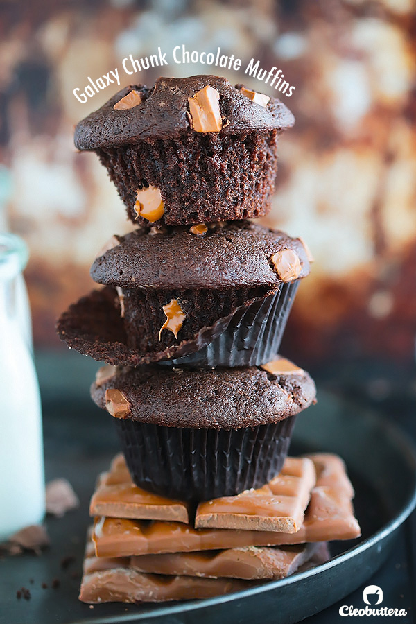 Galaxy Chunk Chocolate Muffins {Perfectly moist and tender with swirls of Galaxy chocolate bar in every bite...BEST EVER DOUBLE CHOCOLATE MUFFIN!}