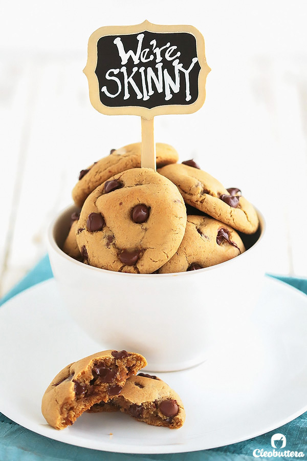 Skinny Chocolate Chip Cookies {You won't miss the extra calories and fat in these lightened up cookies. They have a SECRET INGREDIENT that keeps that soft and chewy for days}.