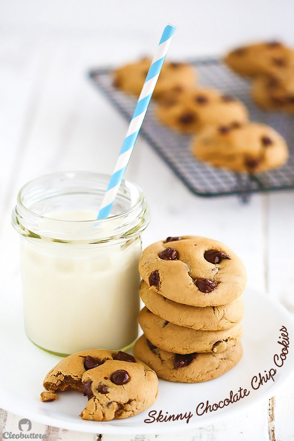 Skinny Chocolate Chip Cookies {You won't miss the extra calories and fat in these lightened up cookies. They have a SECRET INGREDIENT that keeps that soft and chewy for days}.