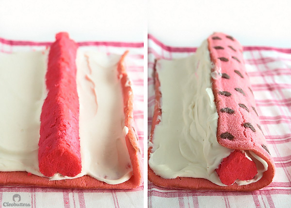 "Love is All Around" Cake Roll {Heart-patterned cake roll made easier with a CAKE MIX, filled with a cloud-like whipped cream cheese frosting, and unveils a cute heart with every slice}