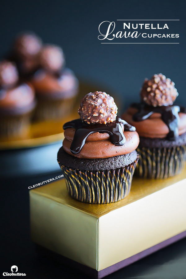 Nutella Lava Cupcakes {Exploding with Nutella flavor! These tender chocolate cupcakes have a Nutella sauce lava center and topped with the Nutella-iest frosting you will ever meet, that does NOT having a speck of powdered sugar}