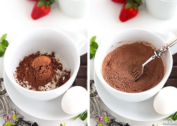 Molten Chocolate Mug Cake {Takes 5 minutes from start to finish! With a moist, cakey outside and a gooey, saucy inside, YOU WILL NOT BELIEVE THIS IS MADE IN THE MICROWAVE!}