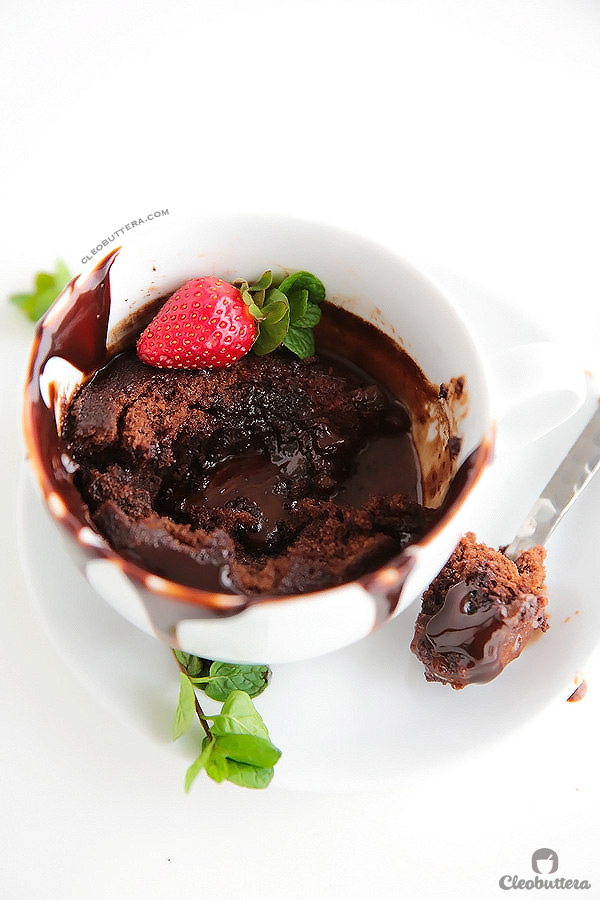 Molten Chocolate Mug Cake {Takes 5 minutes from start to finish! With a moist, cakey outside and a gooey, saucy inside, YOU WILL NOT BELIEVE THIS IS MADE IN THE MICROWAVE!}