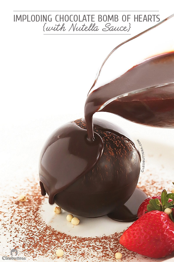 Imploding Chocolate Bomb of Hearts {A show-stopping chocolate sphere, magically filled with red velvet cake hearts. Beautifully collapses to the drizzle of warm Nutella sauce. 