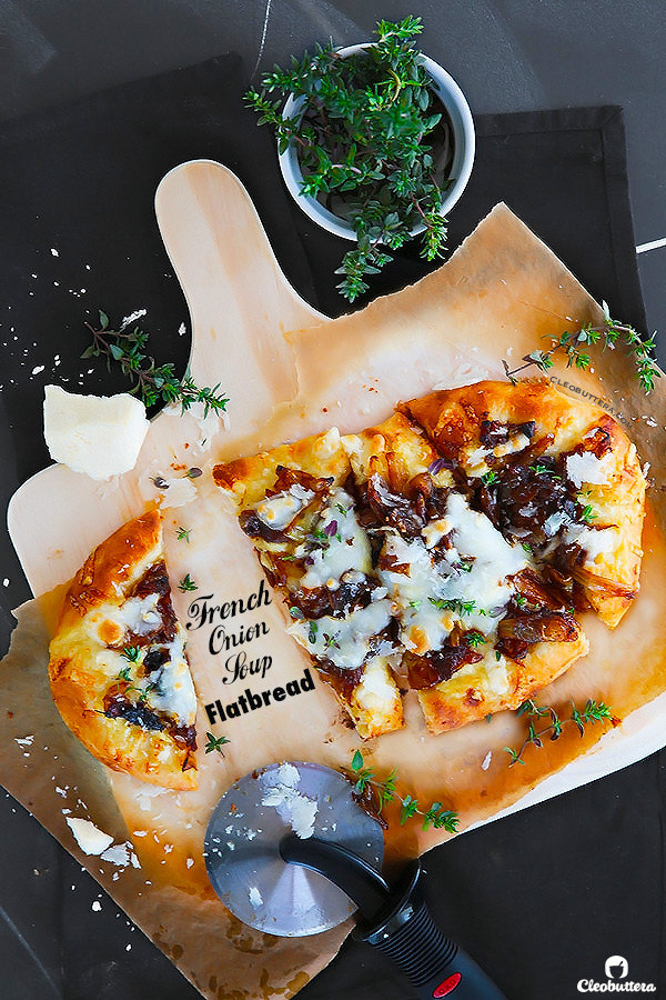 FRENCH ONION SOUP FLATBREAD {All the flavors of the classic soup, packed in one delicious, ooey gooey flatbread, PLUS the quickest & easiest way to caramelize onions!}