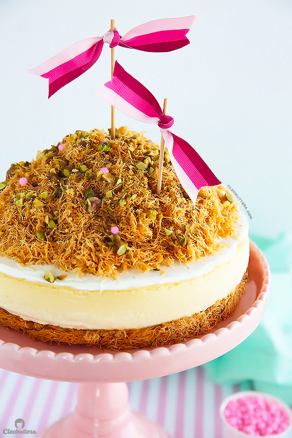 KANAFEH CHEESECAKE {Sweet and crunchy Middle Eastern kanafeh sandwiching a rich & creamy New York Cheesecake} 