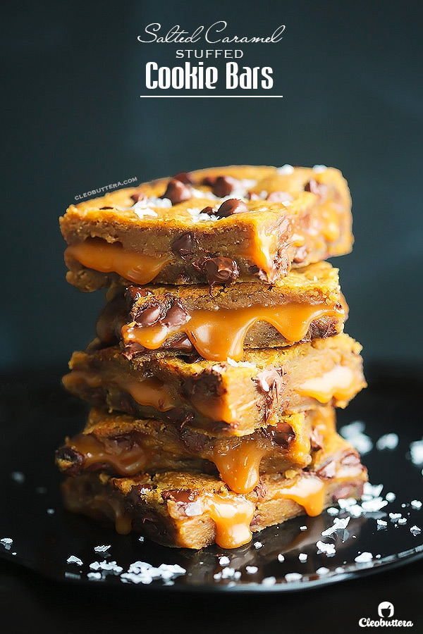 SALTED CARAMEL STUFFED COOKIE BARS {Browned butter chocolate chip cookie dough sandwiching a sinfully delicious, homemade salted caramel sauce}