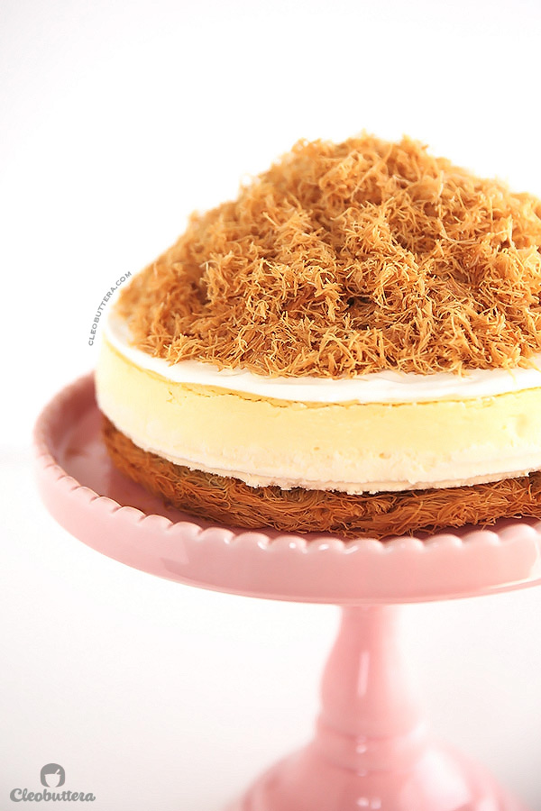 KANAFEH CHEESECAKE {Sweet and crunchy Middle Eastern kanafeh sandwiching a rich & creamy New York Cheesecake} 