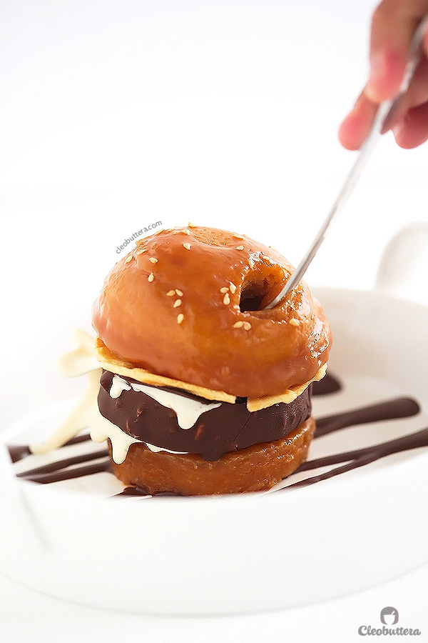Caramel Buns Ice Cream Burger {Sweet buns of vanilla bean cake filled and glazed with caramel sauce, and a patty of chocolate/nut covered vanilla ice cream. Dessert burger heaven I tell 'ya!} 