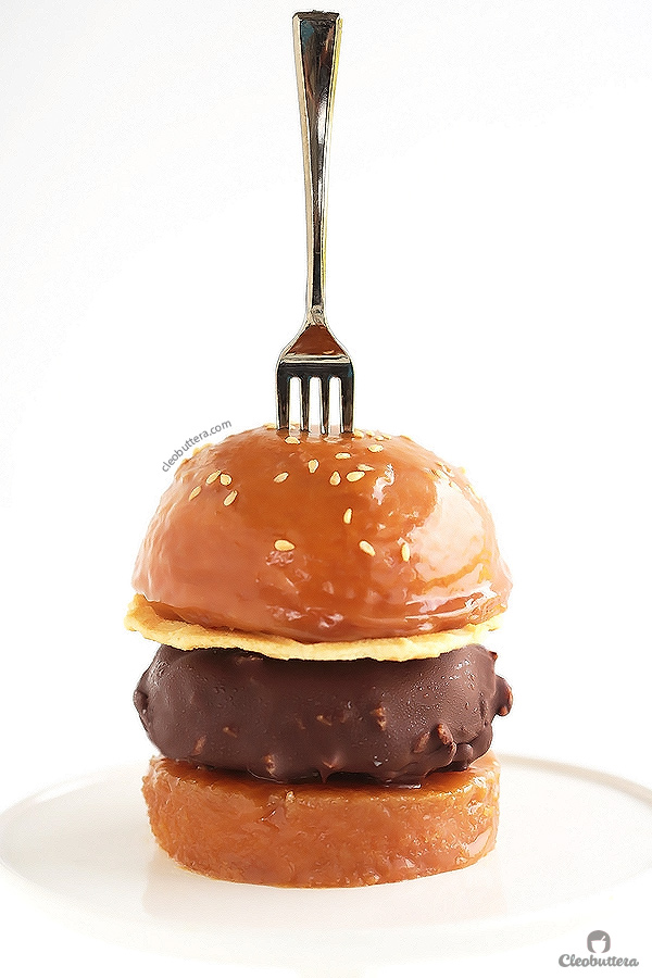 Caramel Buns Ice Cream Burger {Sweet buns of vanilla bean cake filled and glazed with caramel sauce, and a patty of chocolate/nut covered vanilla ice cream. Dessert burger heaven I tell 'ya!} 