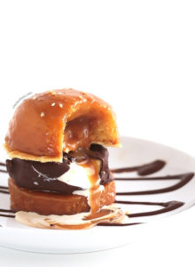 Caramel Buns Ice Cream Burger {Sweet buns of vanilla bean cake filled and glazed with caramel sauce, and a patty of chocolate/nut covered vanilla ice cream. Dessert burger heaven I tell 'ya!}
