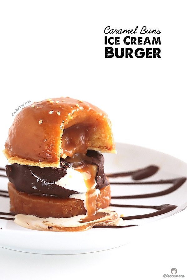Caramel Buns Ice Cream Burger {Sweet buns of vanilla bean cake filled and glazed with caramel sauce, and a patty of chocolate/nut covered vanilla ice cream. Dessert burger heaven I tell 'ya!} 
