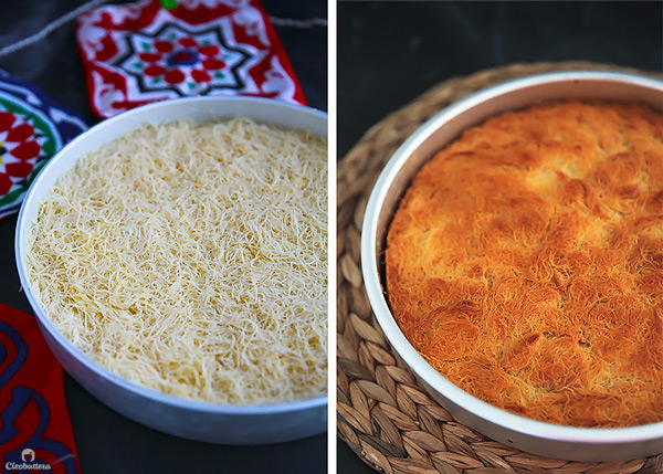 Classic Cream-Filled Konafa {A Middle-Eastern delicacy, made from crunchy shredded phyllo pastry, sandwiching a creamy, pudding-like filling, and soaked with vanilla scented simple syrup}