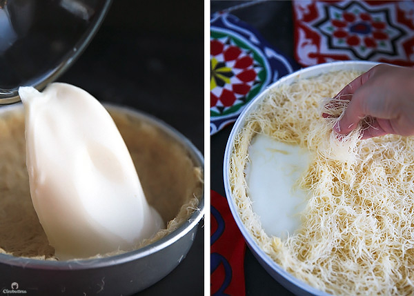 Classic Cream-Filled Konafa {A Middle-Eastern delicacy, made from crunchy shredded phyllo pastry, sandwiching a creamy, pudding-like filling, and soaked with vanilla scented simple syrup}