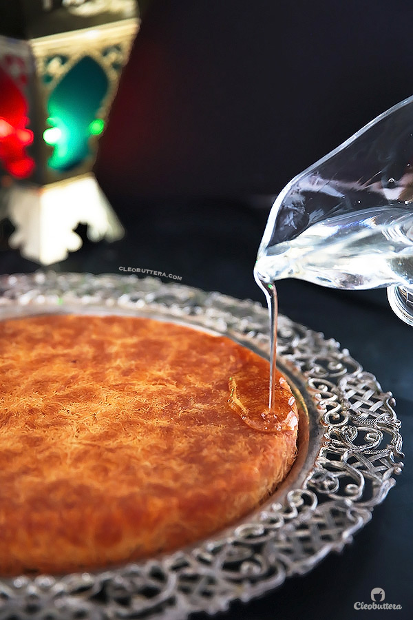 Classic Cream-Filled Konafa {A Middle-Eastern delicacy, made from crunchy shredded phyllo pastry, sandwiching a creamy, pudding-like filling, and soaked with vanilla scented simple syrup}