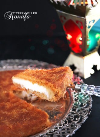 Classic Cream-Filled Konafa {A Middle-Eastern delicacy, made from crunchy shredded phyllo pastry, sandwiching a creamy, pudding-like filling, and soaked with vanilla scented simple syrup}