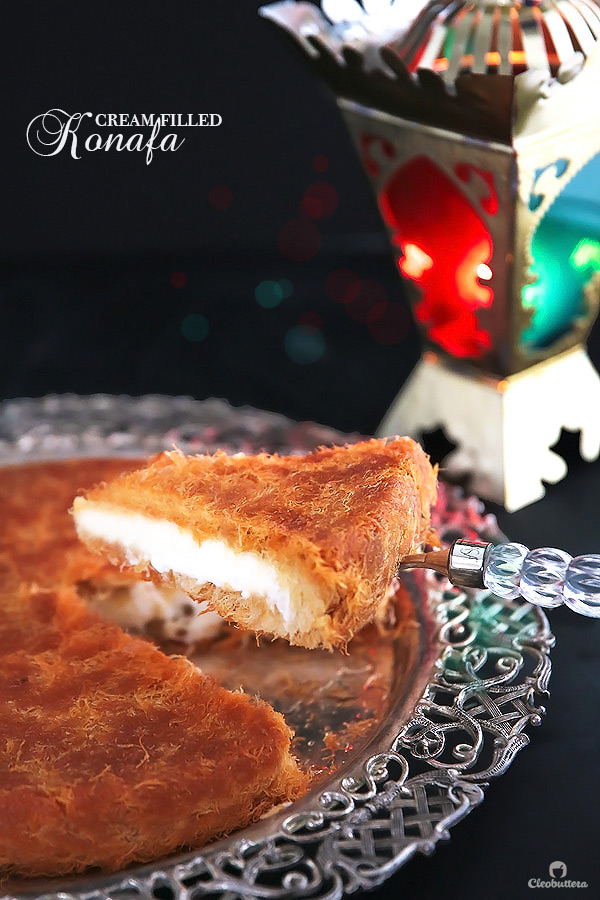 Classic Cream-Filled Konafa {A Middle-Eastern delicacy, made from crunchy shredded phyllo pastry, sandwiching a creamy, pudding-like filling, and soaked with vanilla scented simple syrup}