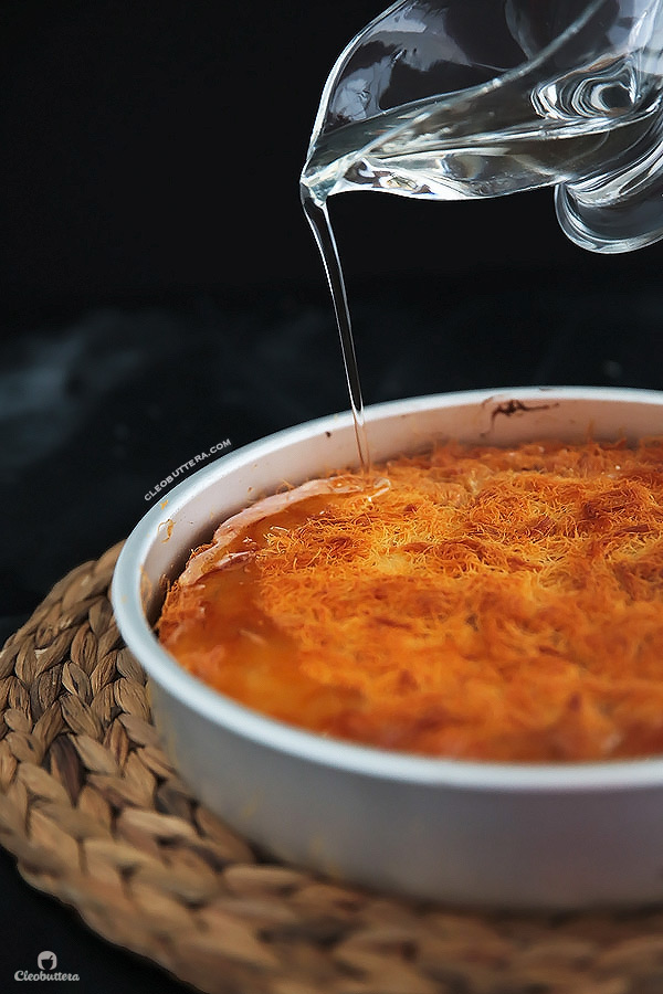 Classic Cream-Filled Konafa {A Middle-Eastern delicacy, made from crunchy shredded phyllo pastry, sandwiching a creamy, pudding-like filling, and soaked with vanilla scented simple syrup}