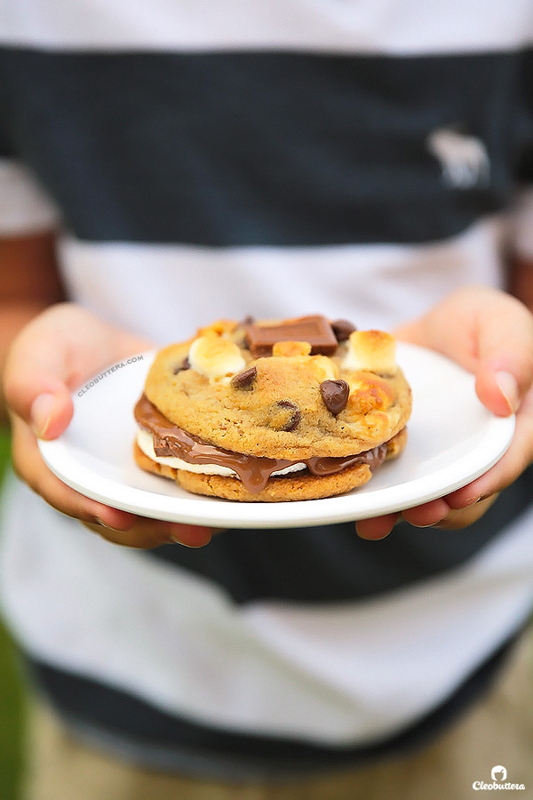 S'mores Cookies {With a dough made from graham cracker crumbs, milk chocolate chips, mini marshmallows and a square of Hershey's chocolate bar on top...these soft, chewy, gooey cookies scream S"MORES!}