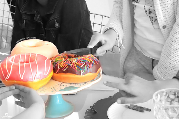 Donut Cake {3D sculpted, fondant covered, cake made to look like 3 different kinds of glazed donuts. Time-lapse video of the making included!}.