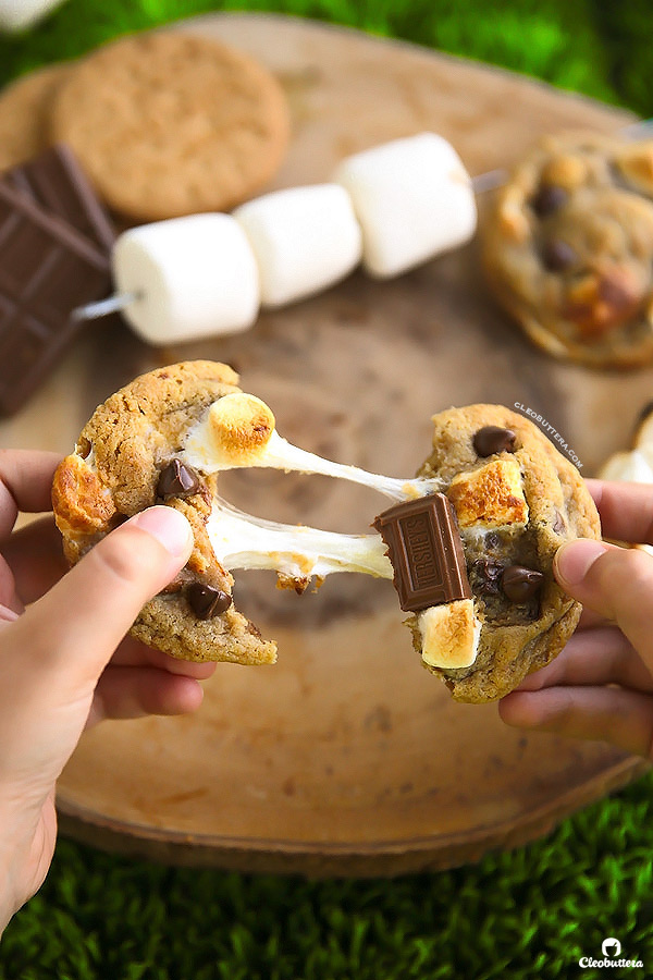 S'mores Cookies {With a dough made from graham cracker crumbs, milk chocolate chips, mini marshmallows and a square of Hershey's chocolate bar on top...these soft, chewy, gooey cookies scream S"MORES!}