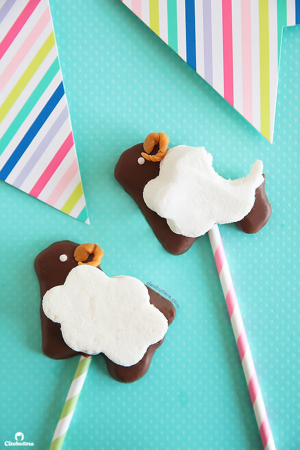 S'mores just got a little cuter! Squishy soft homemade marshmallow on top of a sheep-shaped, chocolate dipped, homemade graham cracker mounted on a stick. Perfect for holidays and special occasions!