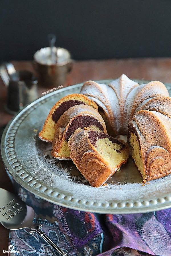 Simply a PERFECT recipe for this all-time classic! Super-moist with a tender crumb. The vanilla and chocolate marry beautifully in texture, yet pleasantly contrast in flavor. The vanilla portion is buttery and vanilla-y, while the chocolate is pretty chocolatey without tasting bitter.