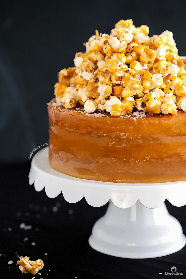 The best yellow cake you've ever had, filled and covered with the creamiest, southern-style caramel icing, sprinkled with sea salt and optional salted caramel popcorn!