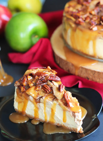 An exceptionally creamy cheesecake with a topping that tastes like a mash up between apple pie and pecan pie. A drizzle of salted caramel sauce takes this dessert from amazing to irresistible!