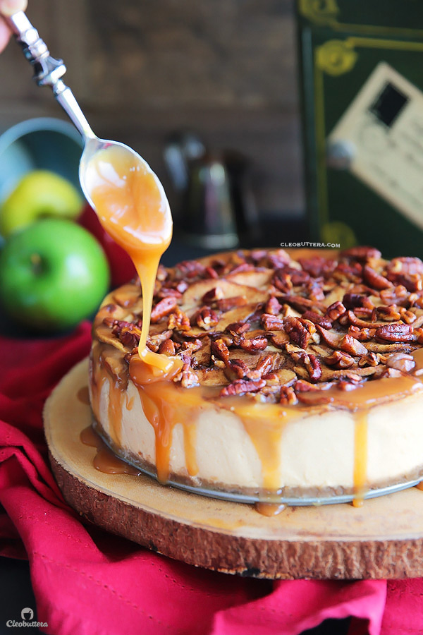 An exceptionally creamy cheesecake with a topping that tastes like a mash up between apple pie and pecan pie. A drizzle of salted caramel sauce takes this dessert from amazing to irresistible!