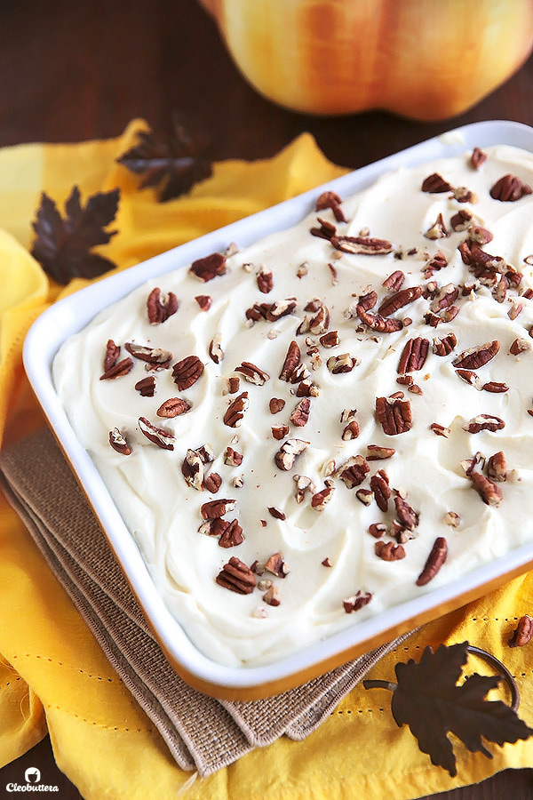 This superbly moist pumpkin spiced cake is so easy to make with the use of a revamped cake-mix. With its pockets of sweetened condensed milk, not-too-sweet caramel sauce, and clouds of caramel whipped cream and pecans, this cake is always a big hit with the crowd!