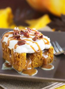 This superbly moist pumpkin spiced cake is so easy to make with the use of a revamped cake-mix. With its pockets of sweetened condensed milk, not-too-sweet caramel sauce, and clouds of caramel whipped cream and pecans, this cake is always a big hit with the crowd!