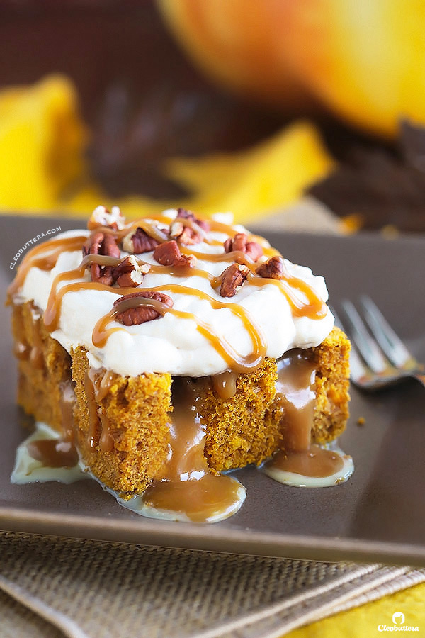 This superbly moist pumpkin spiced cake is so easy to make and always a big hit! Made from a revamped cake-mix, this cake oozes out with pockets of sweetened condensed milk, not-too-sweet caramel sauce, and smothered with clouds of caramel whipped cream and pecans. YUM!