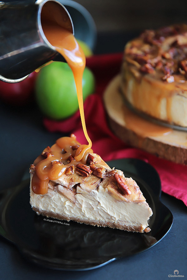 An exceptionally creamy cheesecake with a topping that tastes like a mash up between apple pie and pecan pie. A drizzle of salted caramel sauce takes this dessert from amazing to irresistible!