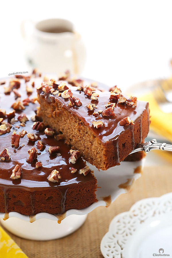 Super moist and tender roasted sweet potato cake made extra delicious with browned butter in both the batter and the toffee glaze. A sprinkling of salted candied pecans on top adds a pleasant crunch.