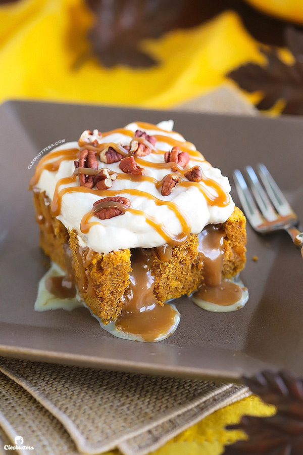 This superbly moist pumpkin spiced cake is so easy to make and always a big hit! Made from a revamped cake-mix, this cake oozes out with pockets of sweetened condensed milk, not-too-sweet caramel sauce, and smothered with clouds of caramel whipped cream and pecans. YUM!