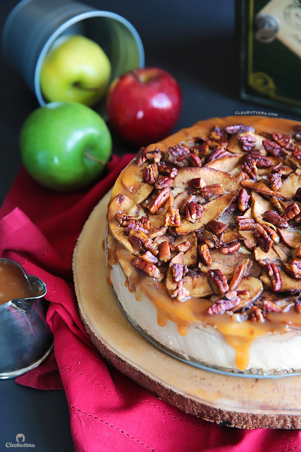 An exceptionally creamy cheesecake with a topping that tastes like a mash up between apple pie and pecan pie. A drizzle of salted caramel sauce takes this dessert from amazing to irresistible!