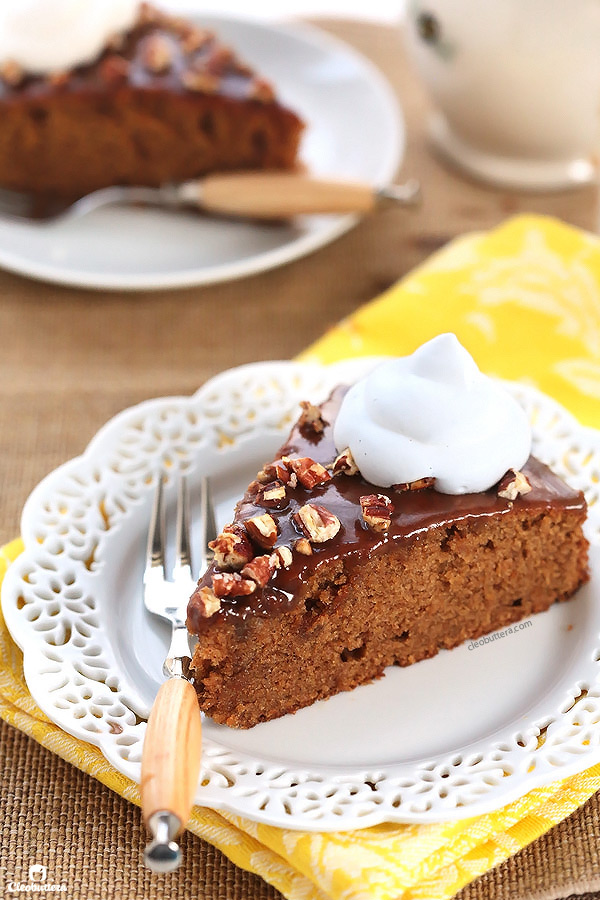 Super moist and tender roasted sweet potato cake made extra delicious with browned butter in both the batter and the toffee glaze. A sprinkling of salted candied pecans on top adds a pleasant crunch.