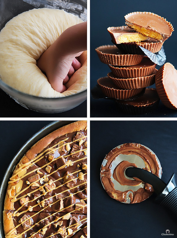 A dessert pizza on peanut butter steroids! Soft pizza crust, melted chocolate, chopped Reese's, salted peanuts and a peanut butter drizzle. YUM!