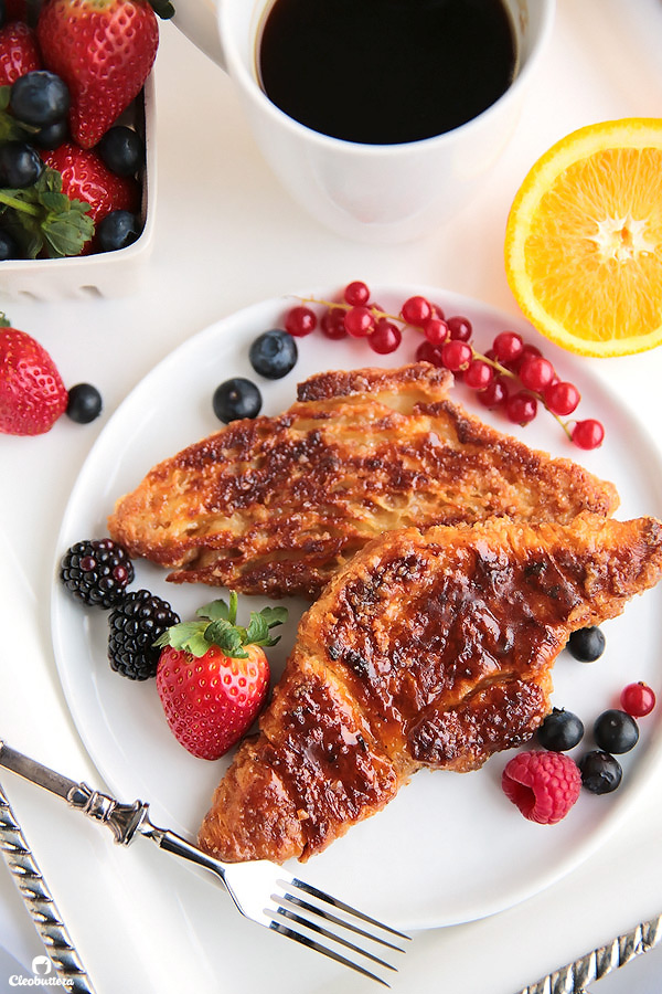 This French Toast is life changing! Soft and creamy on the inside with a caramelized exterior like creme brûlée. Croissants just puts them way waaaaay over the top!