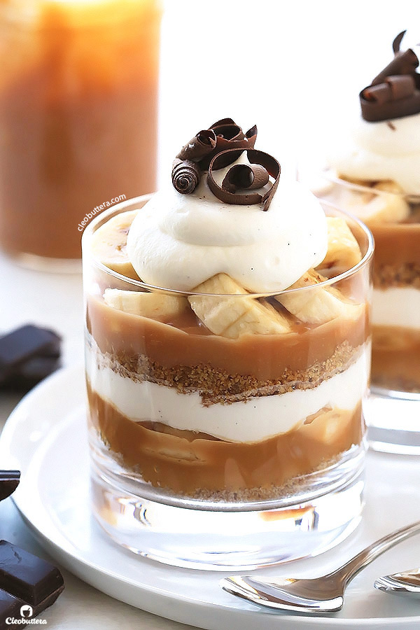 The much loved banana and toffee pie made even simpler in cute little individual cups! With layers of digestive biscuit crust, dulce de leche, banana slices and whipped cream, this “pie” is dangerously delicious and a cinch to make!