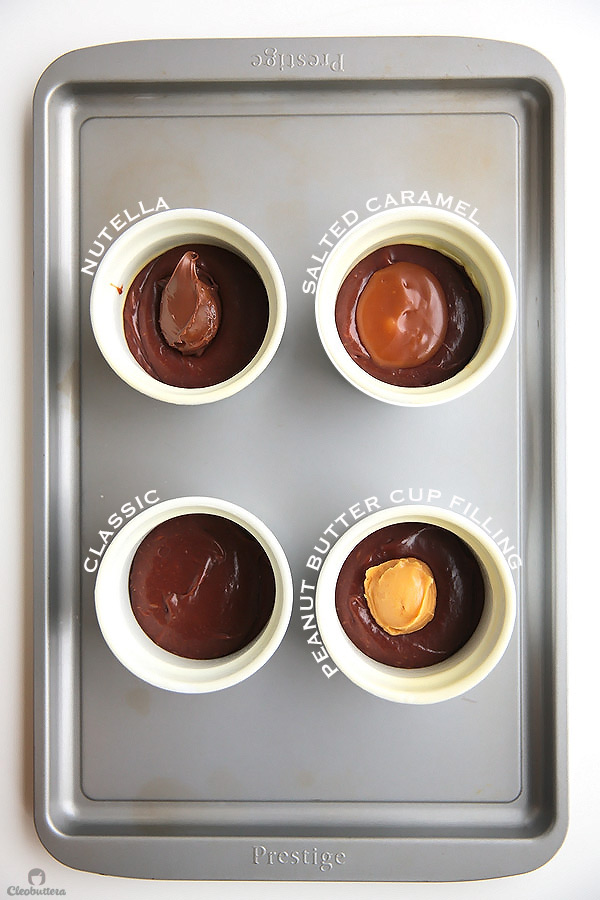 These Decadent Molten Lava Cakes flowing with 4 different fillings, give the restaurant version a run for its money! Choose between peanut butter cup filling, salted caramel, Nutella, leave it plain for the classic OR make one of each. ONE bowl, NO mixer, so QUICK & EASY to make, and could be prepared a day ahead!