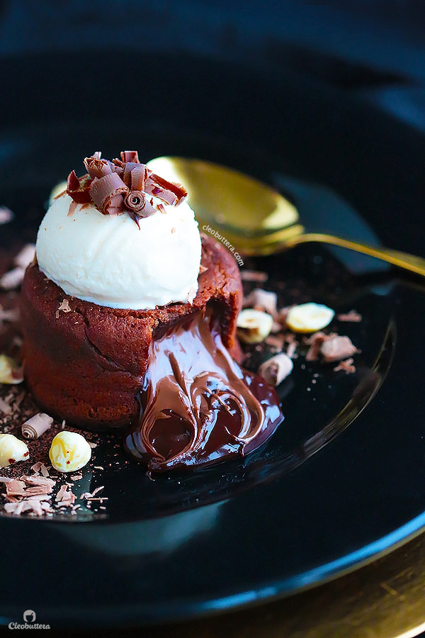 These Decadent Molten Lava Cakes flowing with 4 different fillings, give the restaurant version a run for its money! Choose between peanut butter cup filling, salted caramel, Nutella, leave it plain for the classic OR make one of each. ONE bowl, NO mixer, so QUICK & EASY to make, and could be prepared a day ahead!