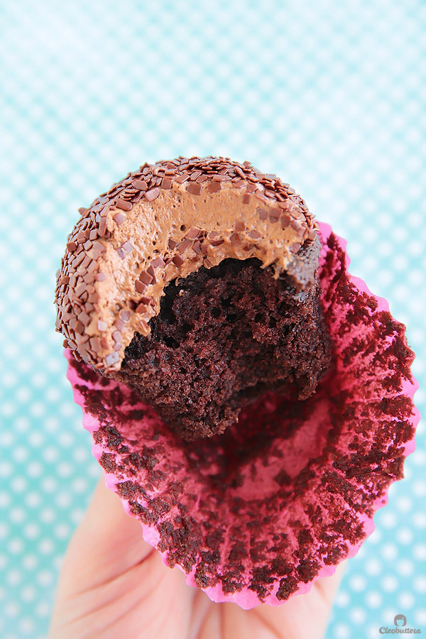 Light and fluffy, moist chocolate cupcake topped with a cloud-like Italian meringue chocolate buttercream and dipped in French chocolate sprinkles. The whole experience is like biting into a chocolate cloud. (Inspired by Kara’s Cupcakes famous Chocolate Velvet Cupcake)