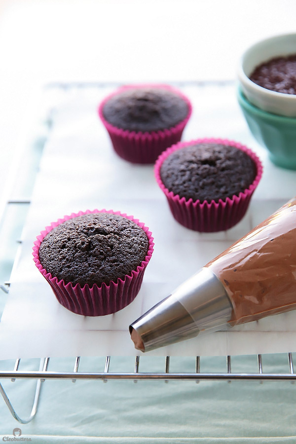 Light and fluffy, moist chocolate cupcake topped with a cloud-like Italian meringue chocolate buttercream and dipped in French chocolate sprinkles. The whole experience is like biting into a chocolate cloud. (Inspired by Kara’s Cupcakes famous Chocolate Velvet Cupcake)